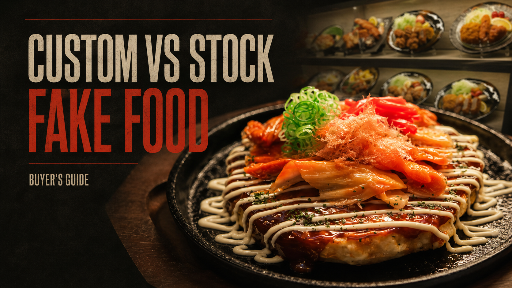 Custom vs stock fake food buyer's guide banner with a hyperrealistic okonomiyaki food replica