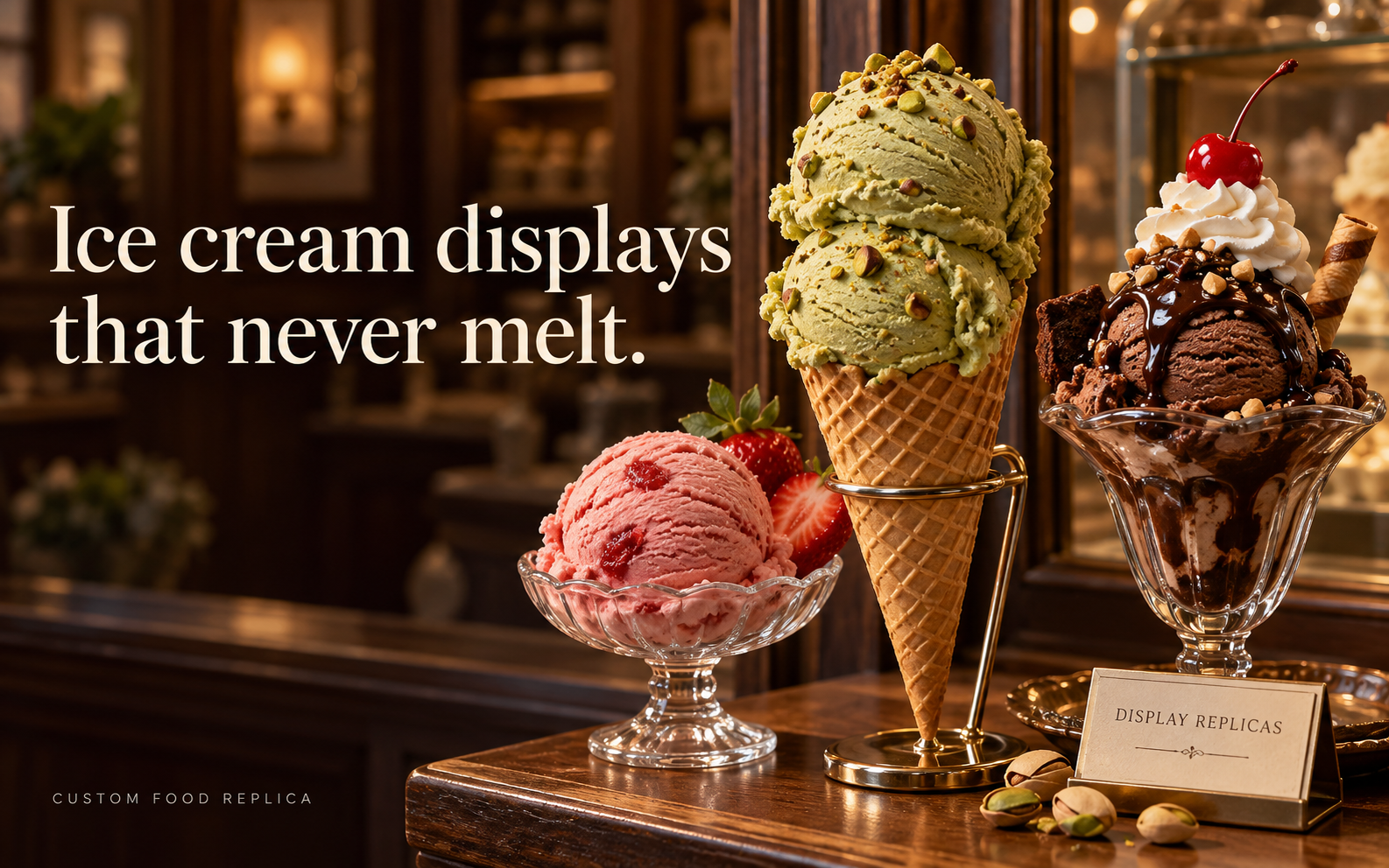 Pistachio cone, strawberry scoop, and chocolate sundae replicas in a gelato shop window