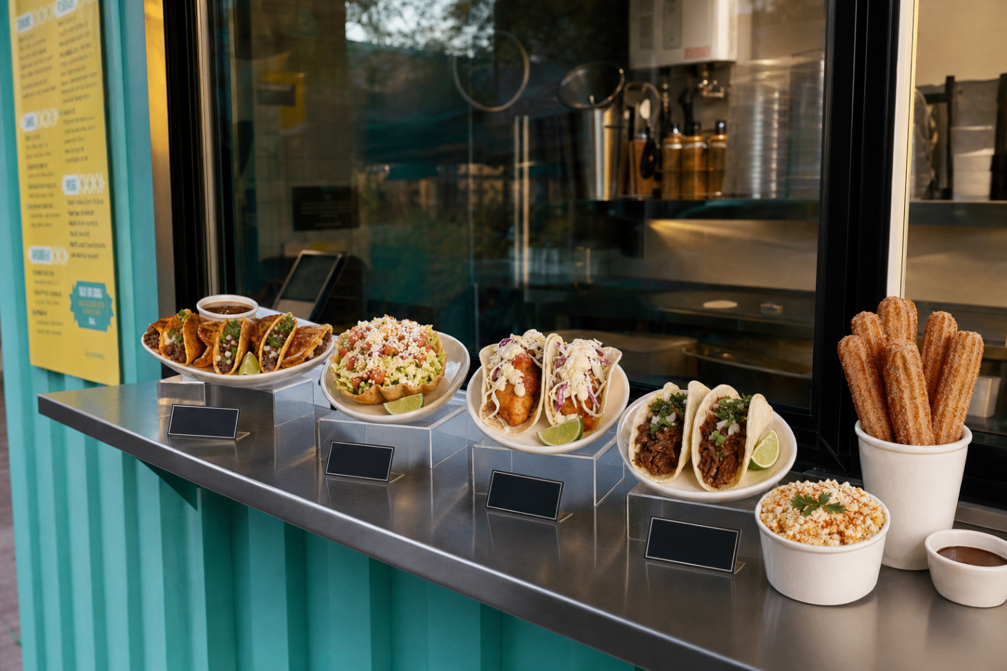 Food replicas of tacos, taco salad, churros and elote arranged along a taqueria counter