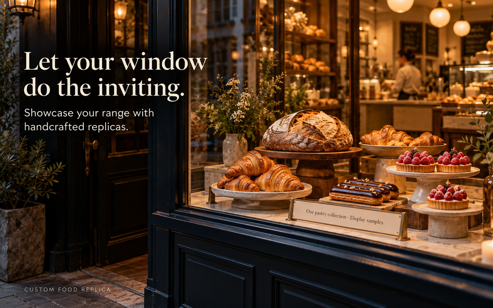 Bakery storefront window at dusk showing sourdough, croissant, eclair, and raspberry tart replicas with a Display samples placard