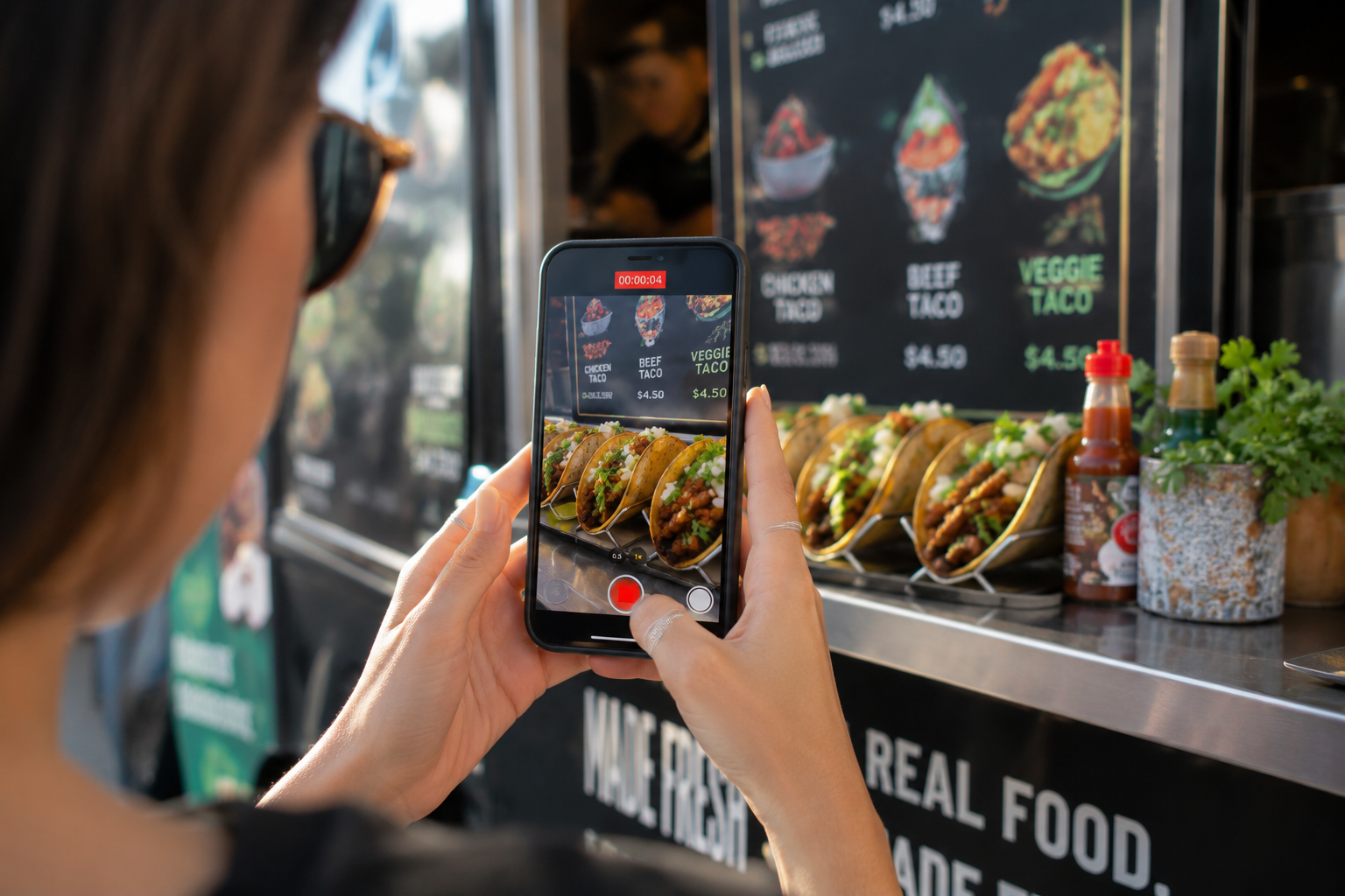 Customer filming a food truck taco replica display on a smartphone next to the printed menu board