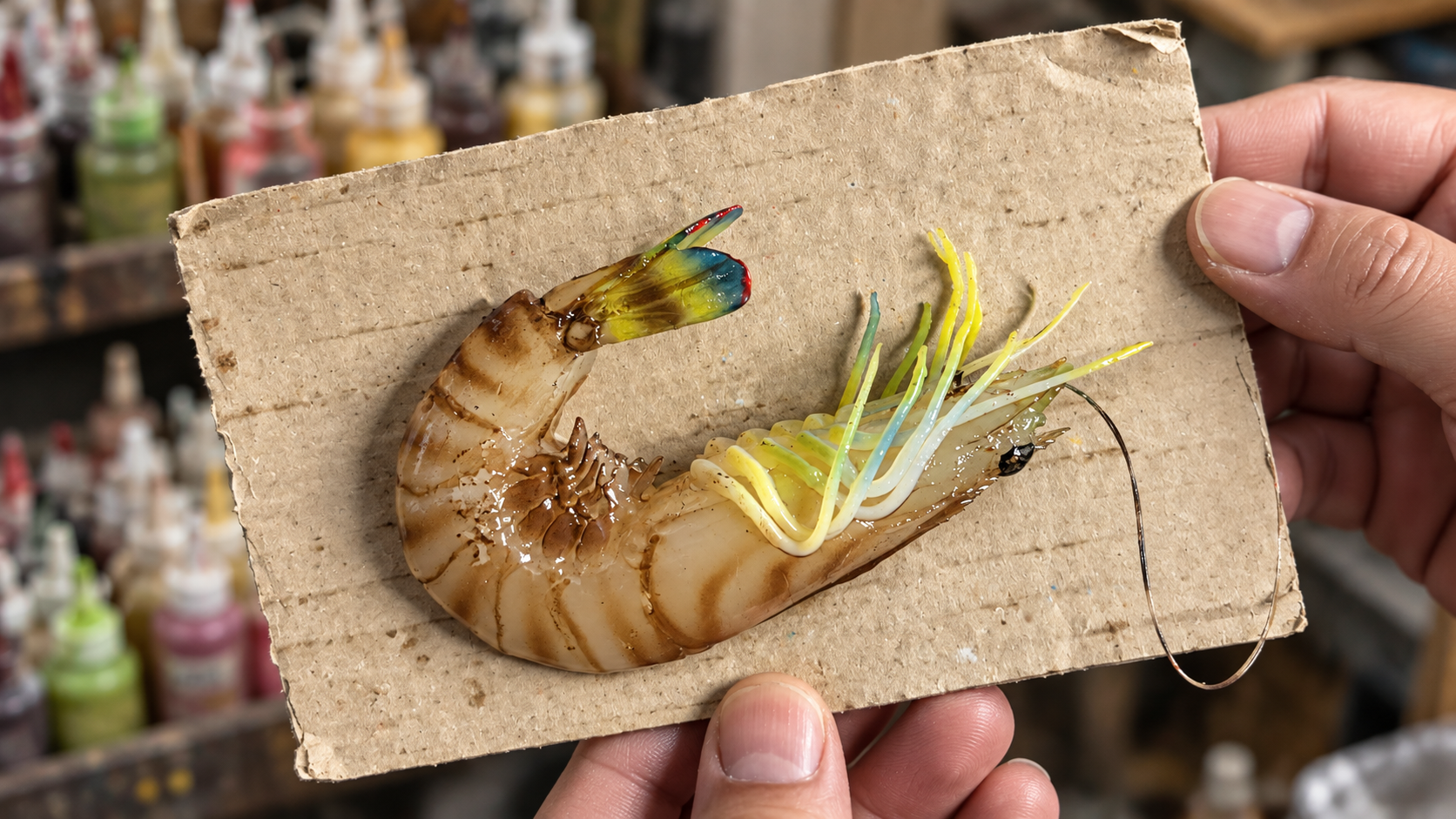 An artisan holding a hand-painted shrimp food replica in front of a shelf of paint bottles