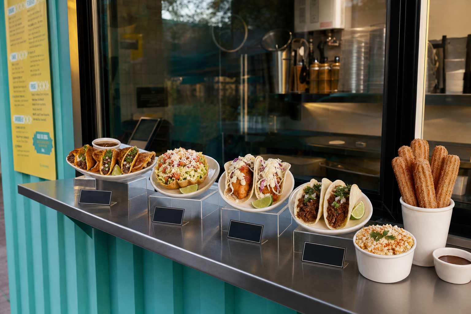 Food truck counter with replica tacos and churros on display.