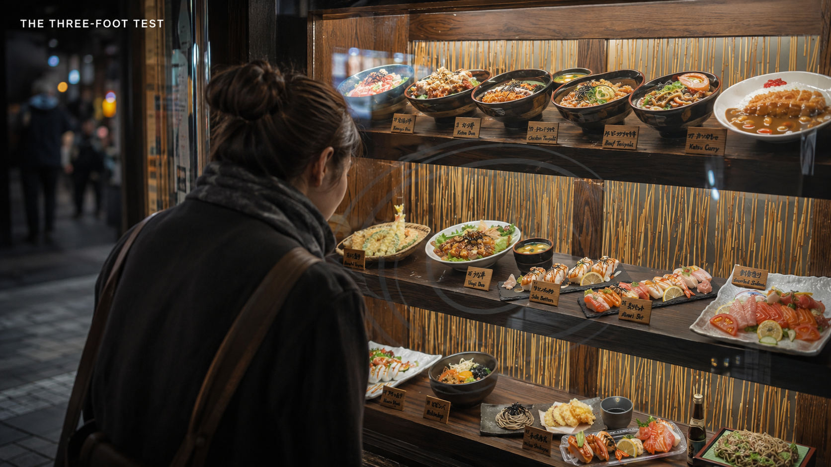 A woman studying a Japanese restaurant window display of donburi, sushi and tempura food replicas from a few feet away