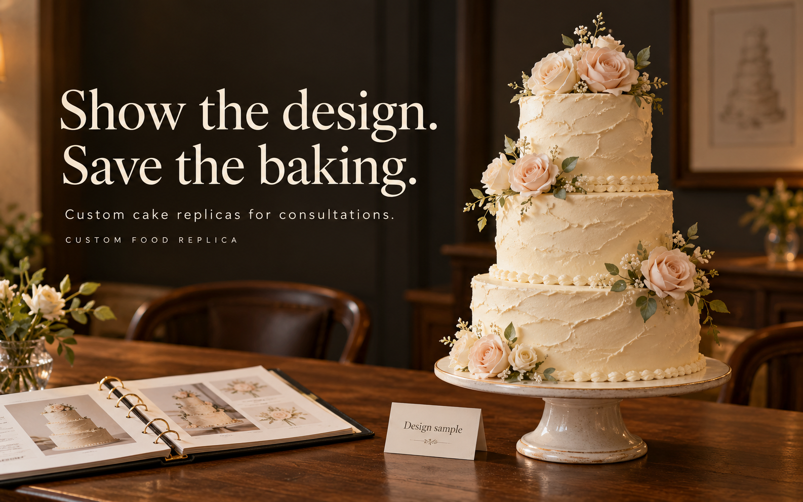 Three tier wedding cake replica with textured buttercream and sugar roses on a cake stand beside a design binder and Design sample card