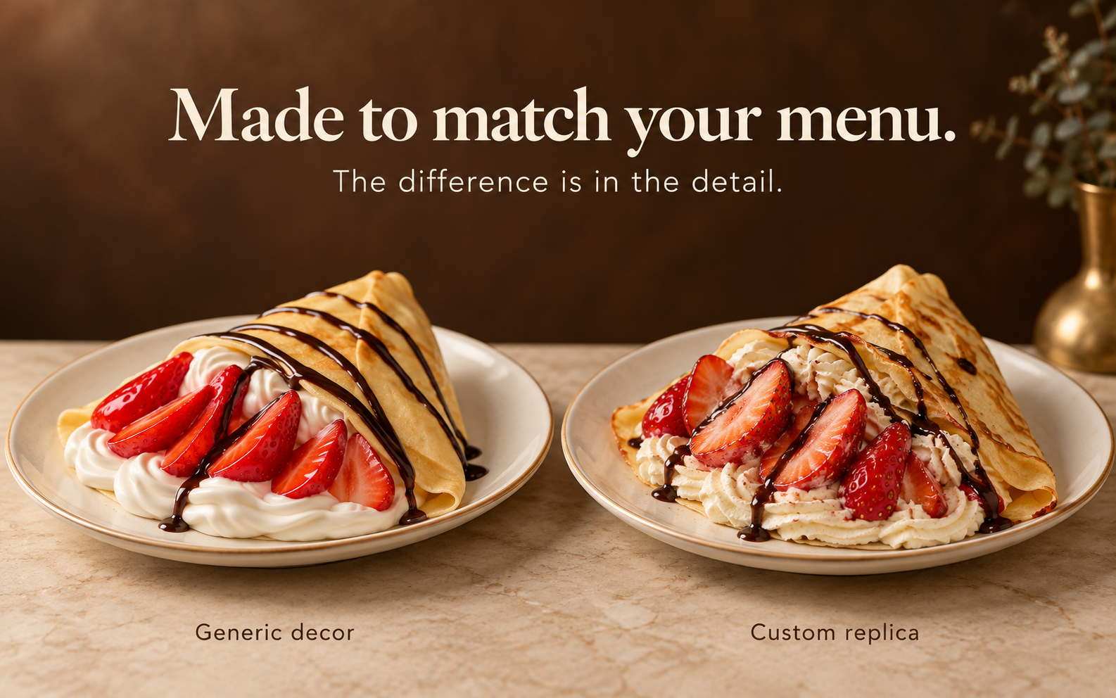 Side by side comparison of a generic crepe prop with uniform cream and a custom crepe replica with piped cream and varied strawberries