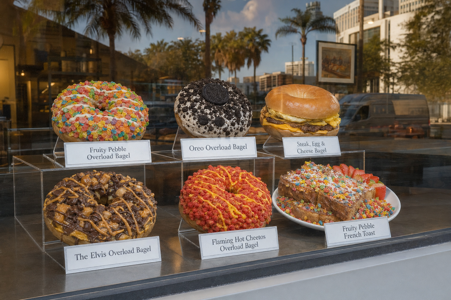Specialty bagel food replicas raised on clear acrylic risers with name cards in a storefront window