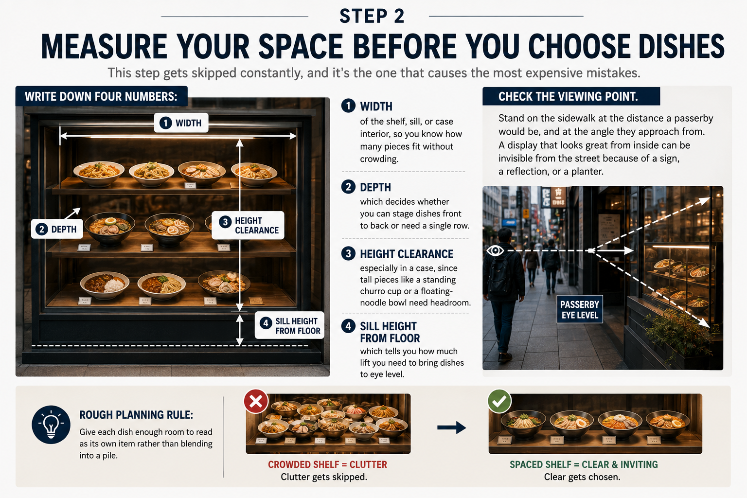 Step 2 infographic: measure width, depth, height clearance, sill height and check the passerby viewing point