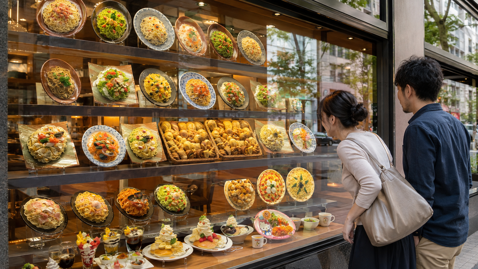 Two people stopping to look at a restaurant window filled with food replica dishes
