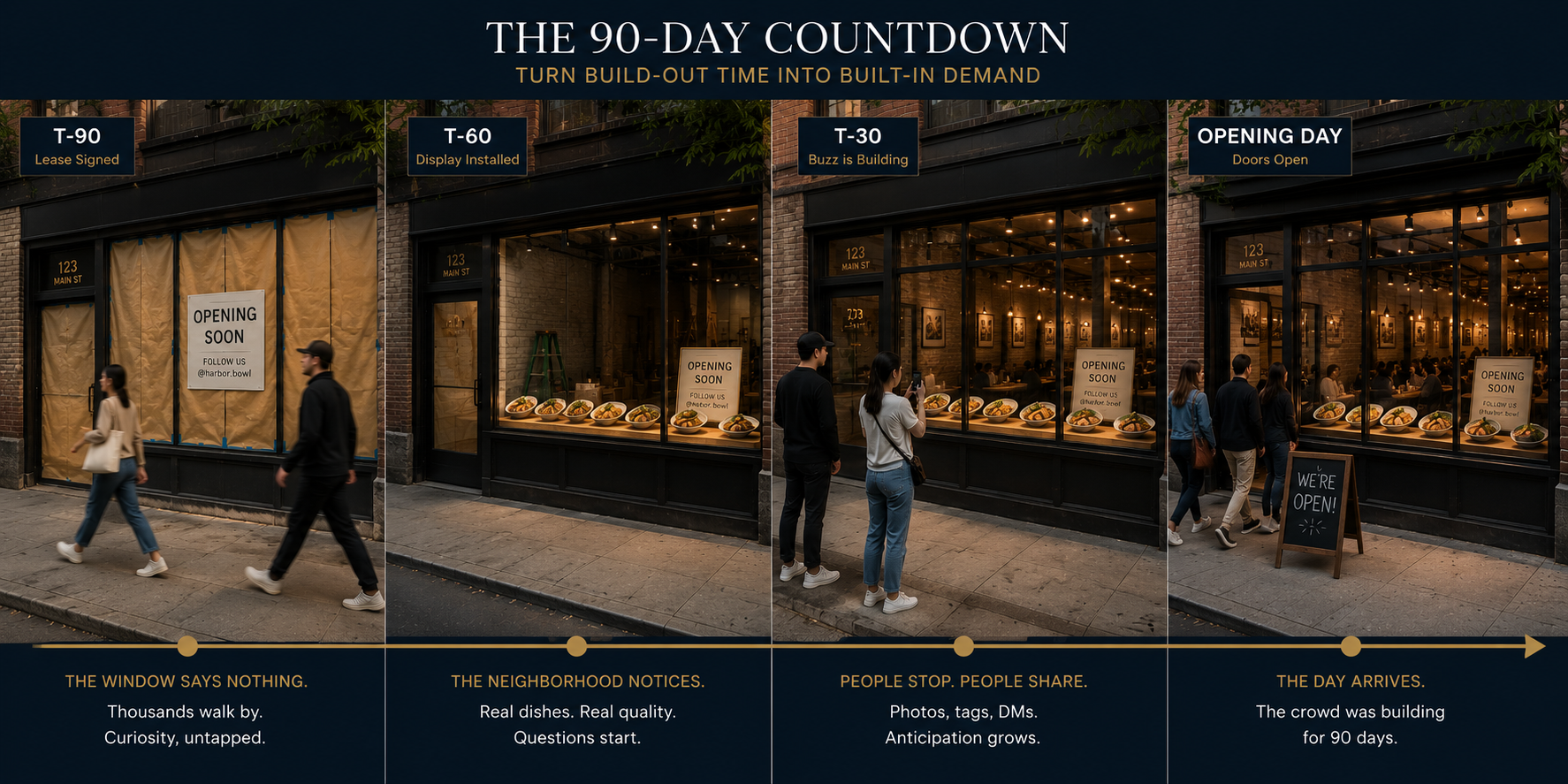 Four panel timeline titled The 90 Day Countdown showing a storefront going from paper covered at T minus 90 days to a lit food replica window at T minus 60 to a passerby photographing the display at T minus 30 to opening day with a Were Open sign