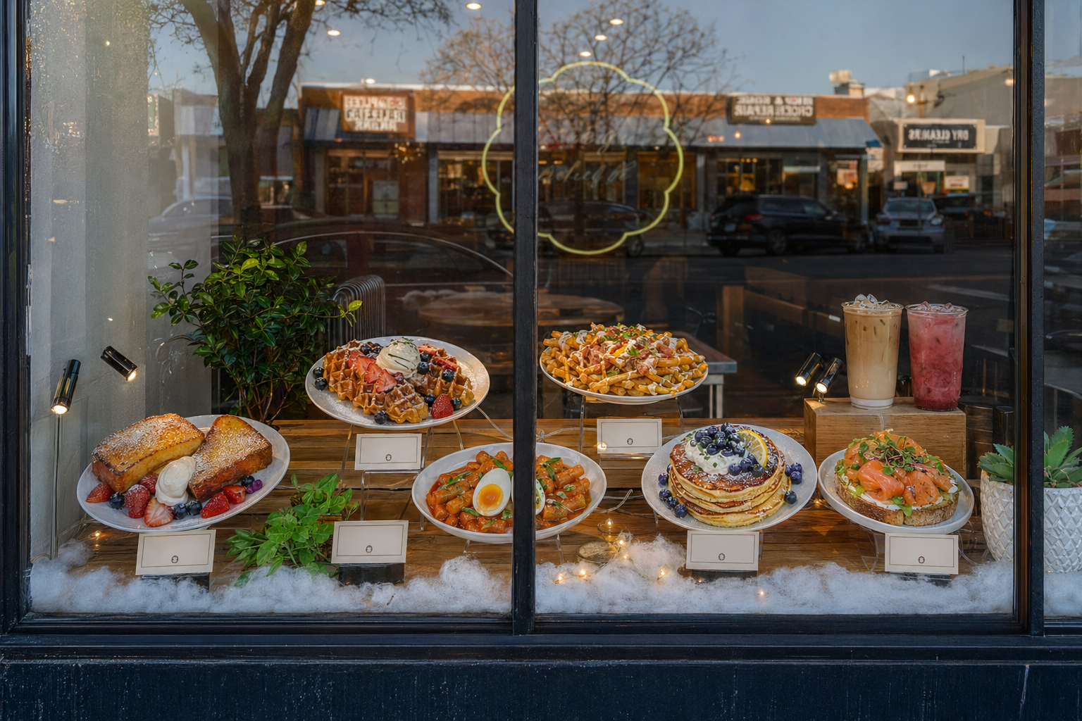 Brunch food replicas of pancakes, waffles and French toast labeled in a restaurant window
