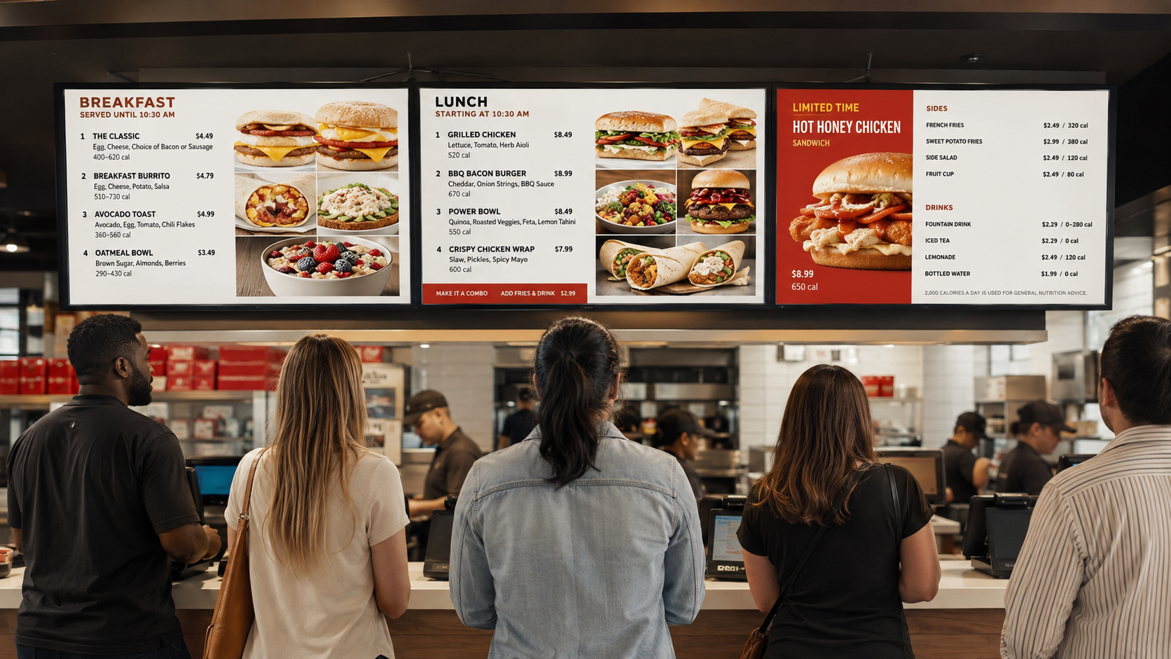 Digital menu boards mounted above a quick service restaurant counter with customers ordering