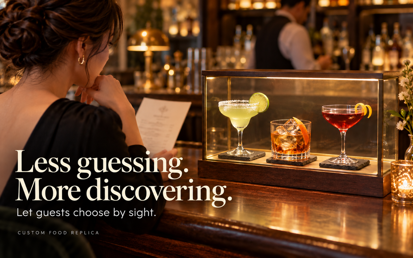 Bar guest comparing a printed menu with a lit case of three handcrafted drink replicas