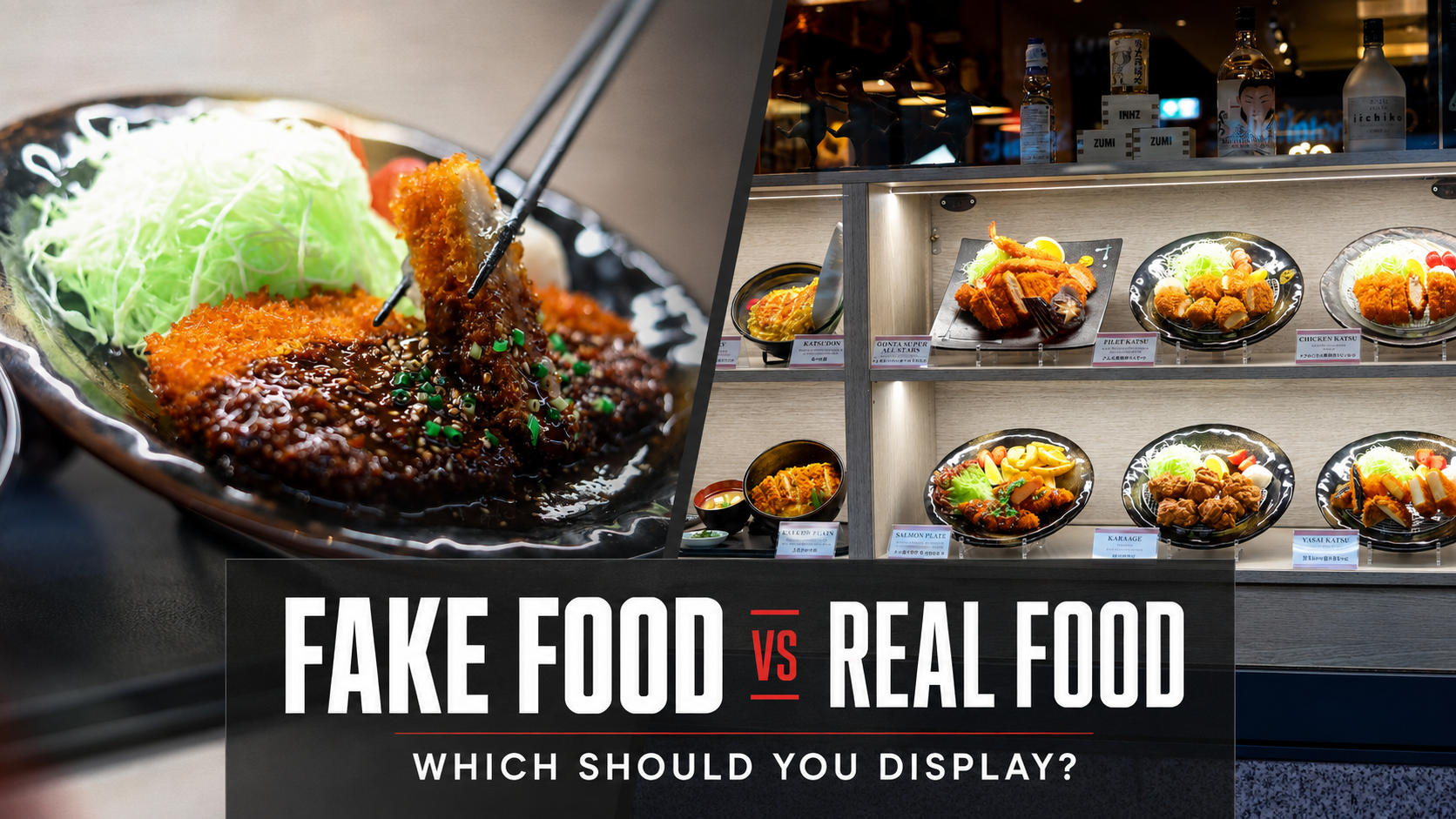 Split image of real katsu being dipped in sauce next to a case filled with food replicas