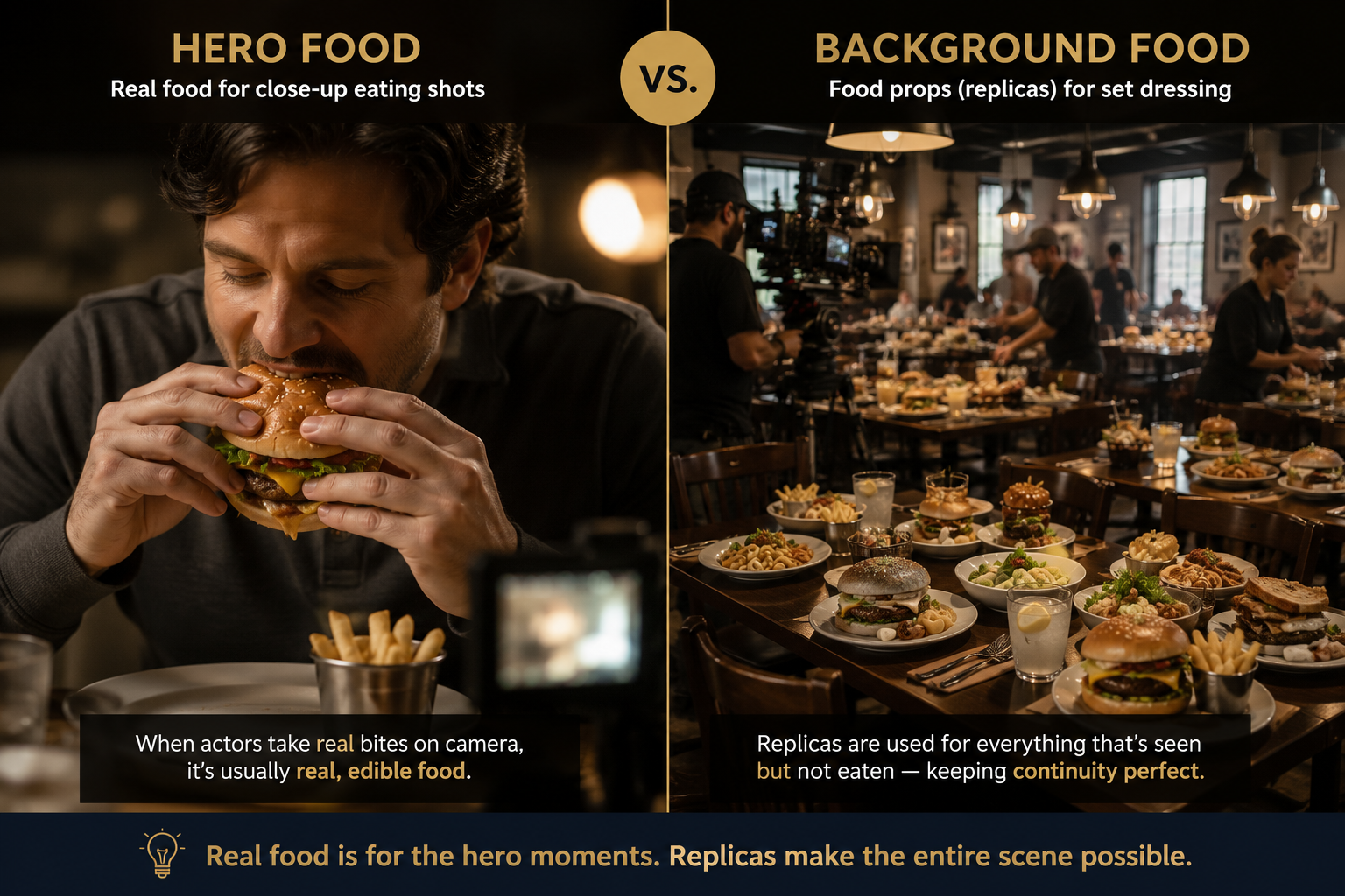 Split infographic contrasting hero food — real edible food for close-up eating shots — with background food props (replicas) used for set dressing on a film set