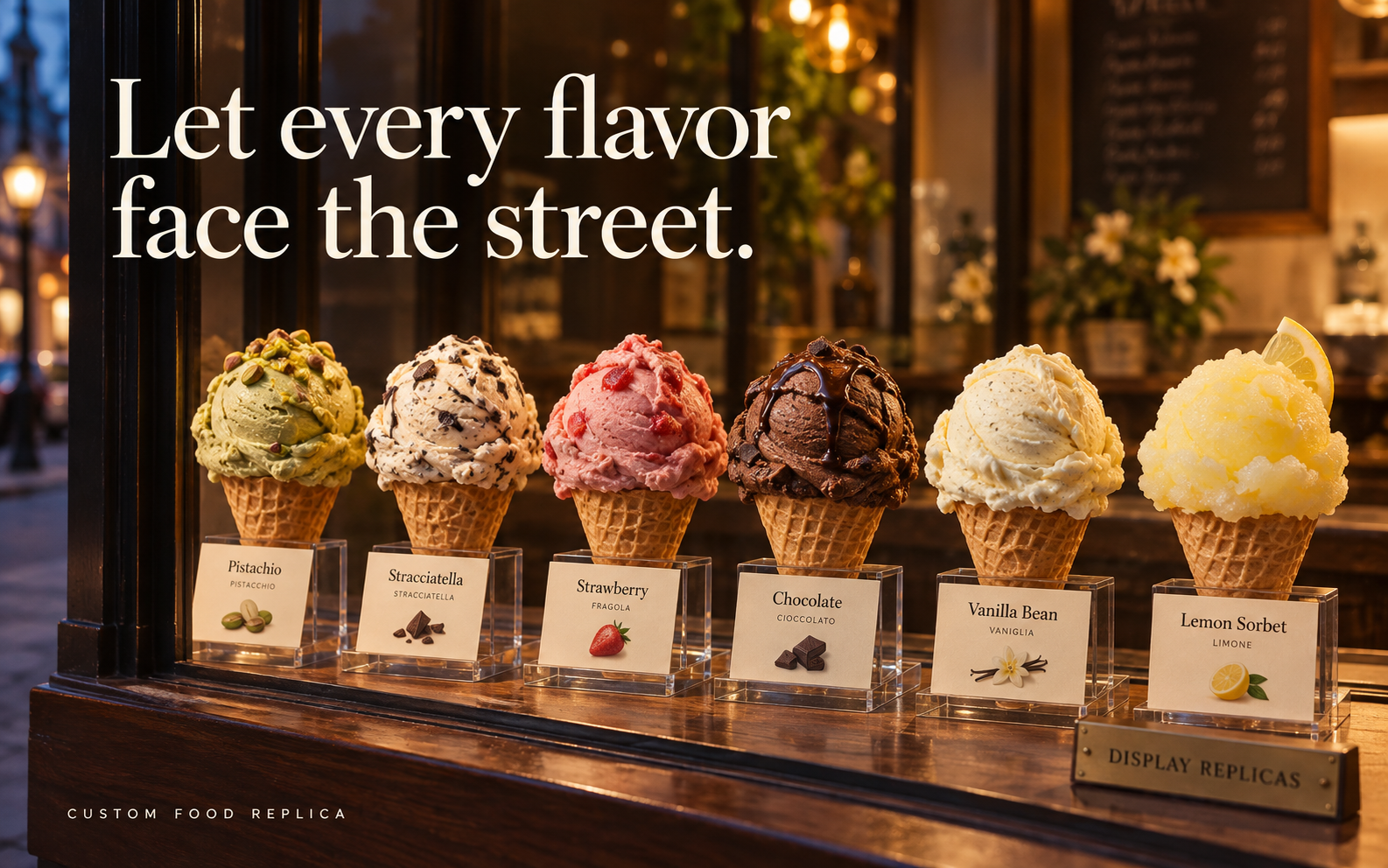 Six labeled ice cream cone replicas showing pistachio, stracciatella, strawberry, chocolate, vanilla bean, and lemon sorbet in a shop window