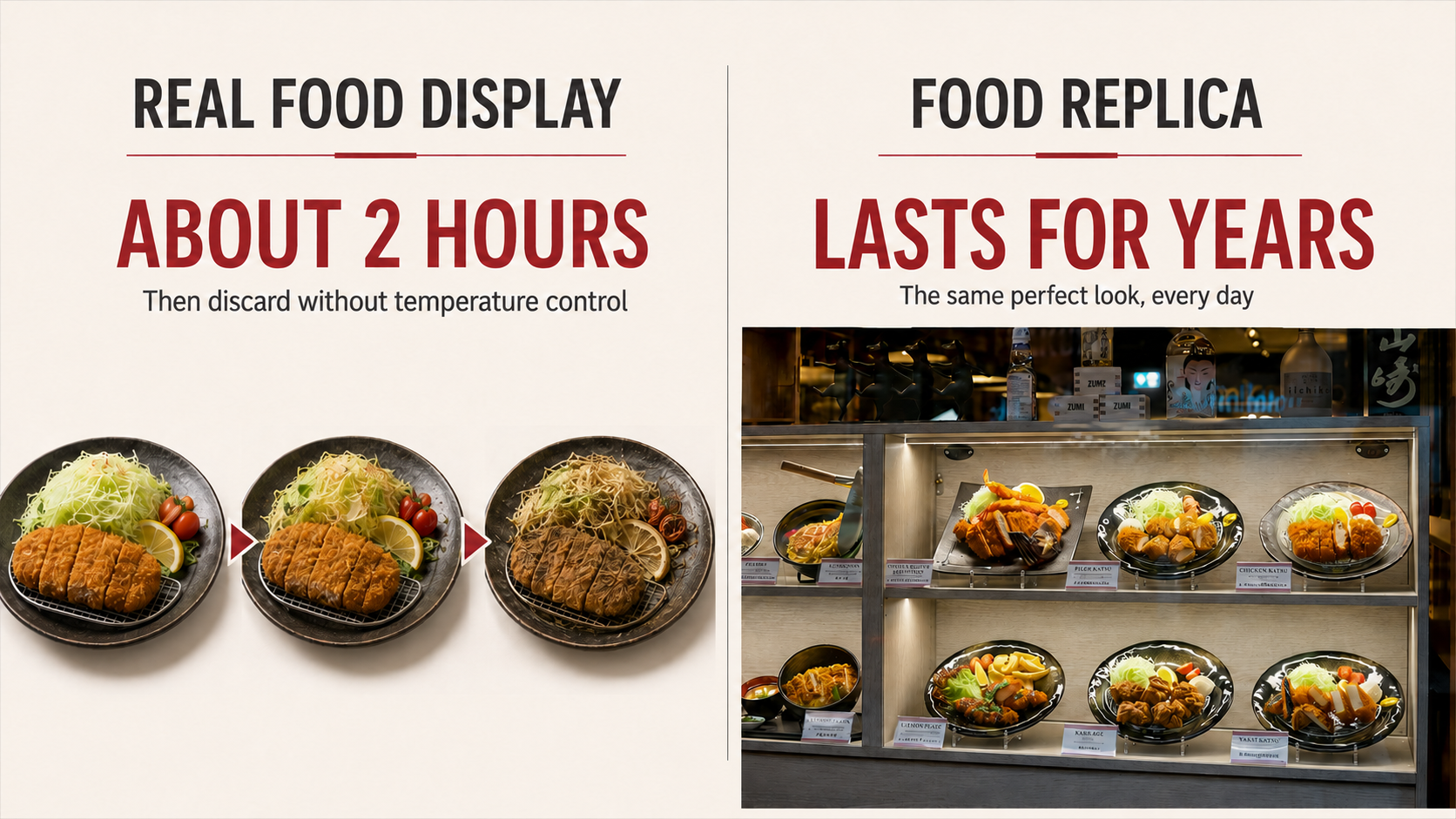 Infographic comparing a real katsu plate wilting in two hours with a replica display case that lasts for years