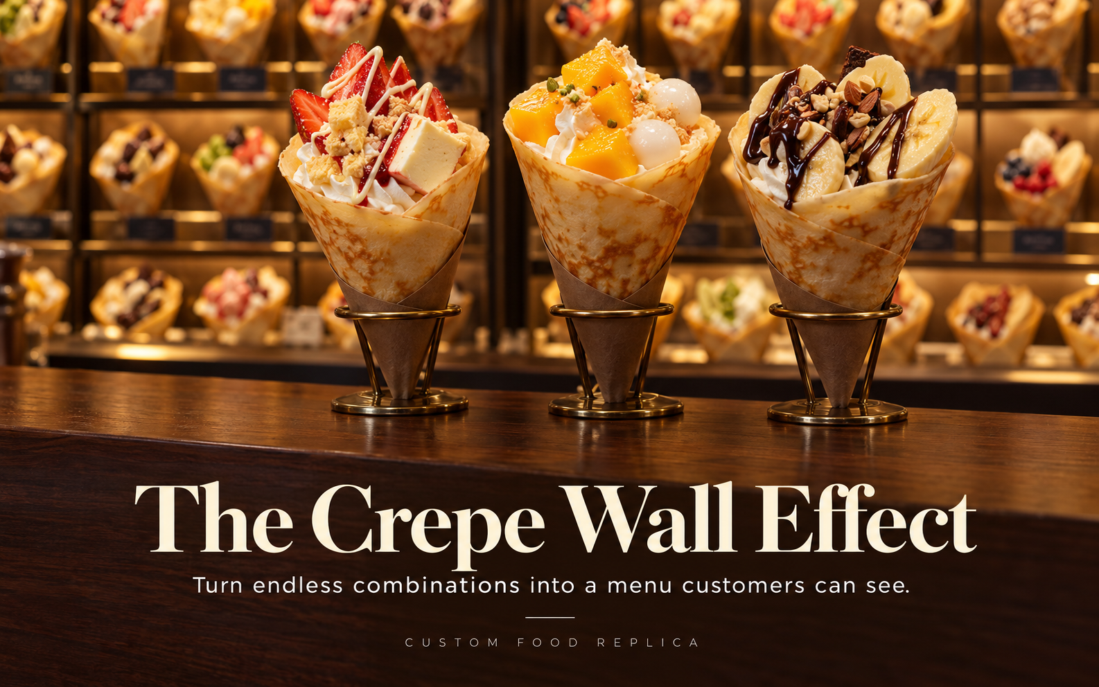 Three handcrafted crepe replicas in gold stands in front of a lit wall of crepe replicas