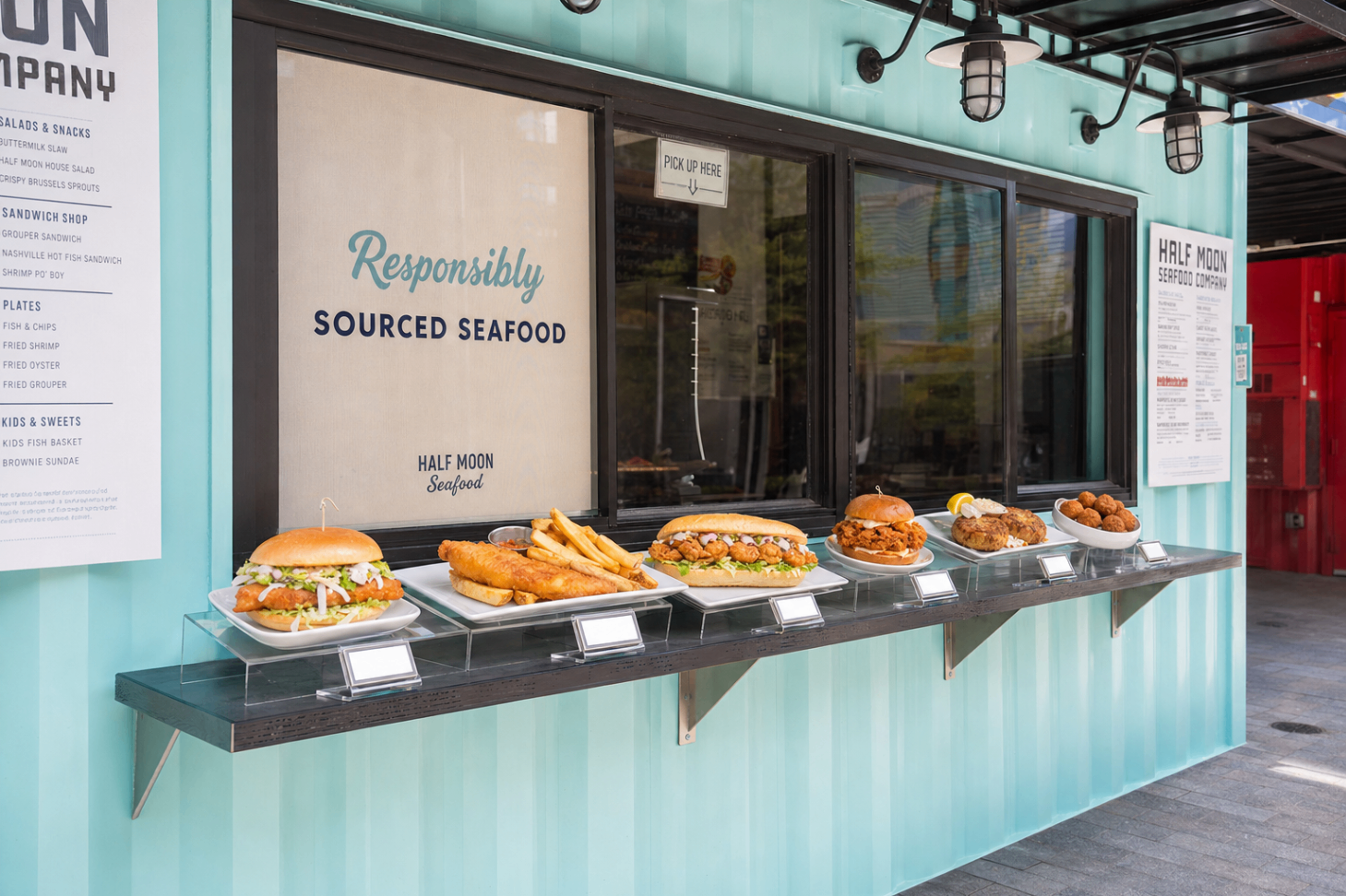 Food replicas of fish sandwiches, fish and chips, a po'boy and hush puppies on a teal food truck counter shelf