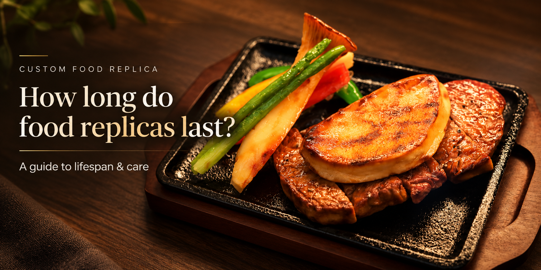 How long do food replicas last banner with a hyperrealistic steak and foie gras food replica on a teppan