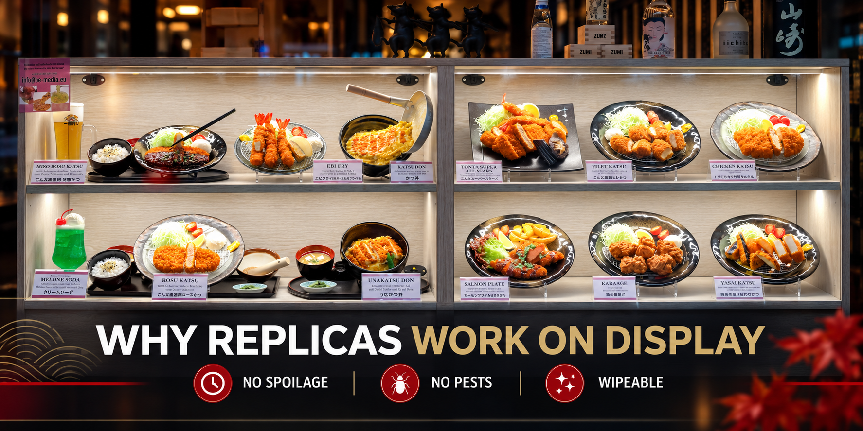 Why replicas work on display: a lit case of katsu and sushi food replicas with no spoilage, no pests, wipeable
