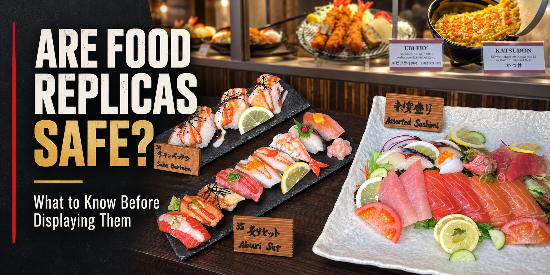 Are food replicas safe banner with sushi, sashimi and katsu food replicas on display