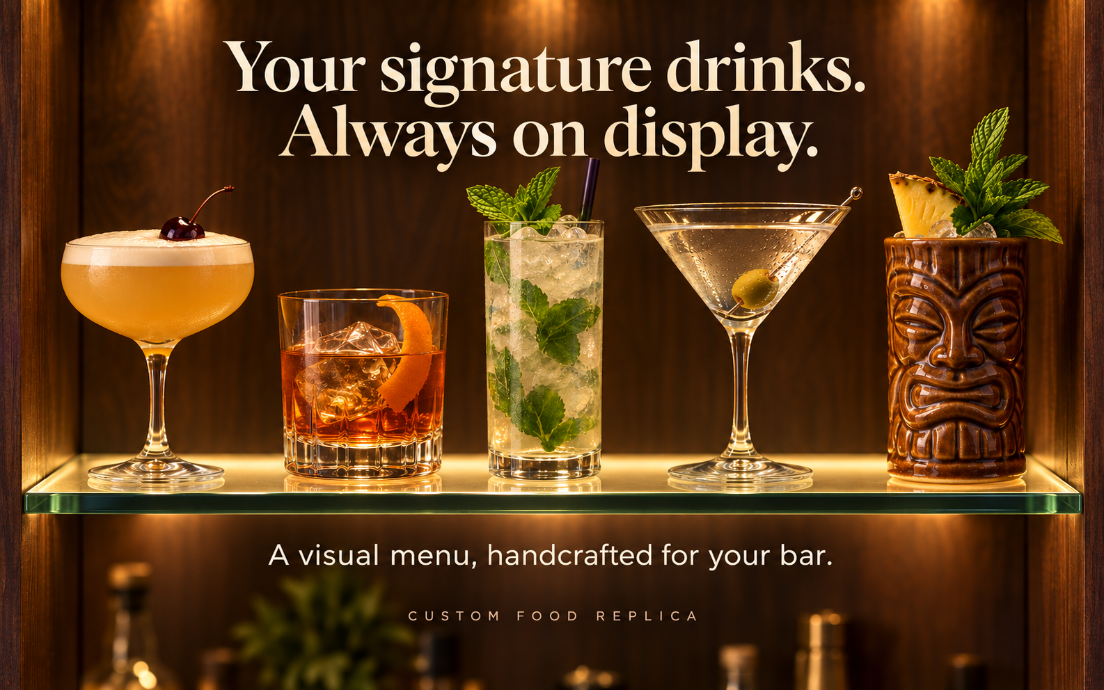 Five handcrafted cocktail replicas in coupe, rocks, highball, martini, and tiki glassware on a warm backlit shelf