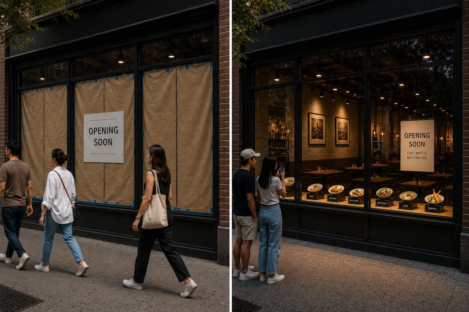 Side by side comparison of a restaurant storefront during build out with paper covered windows and the same storefront later with a lit food replica display drawing passersby to photograph it