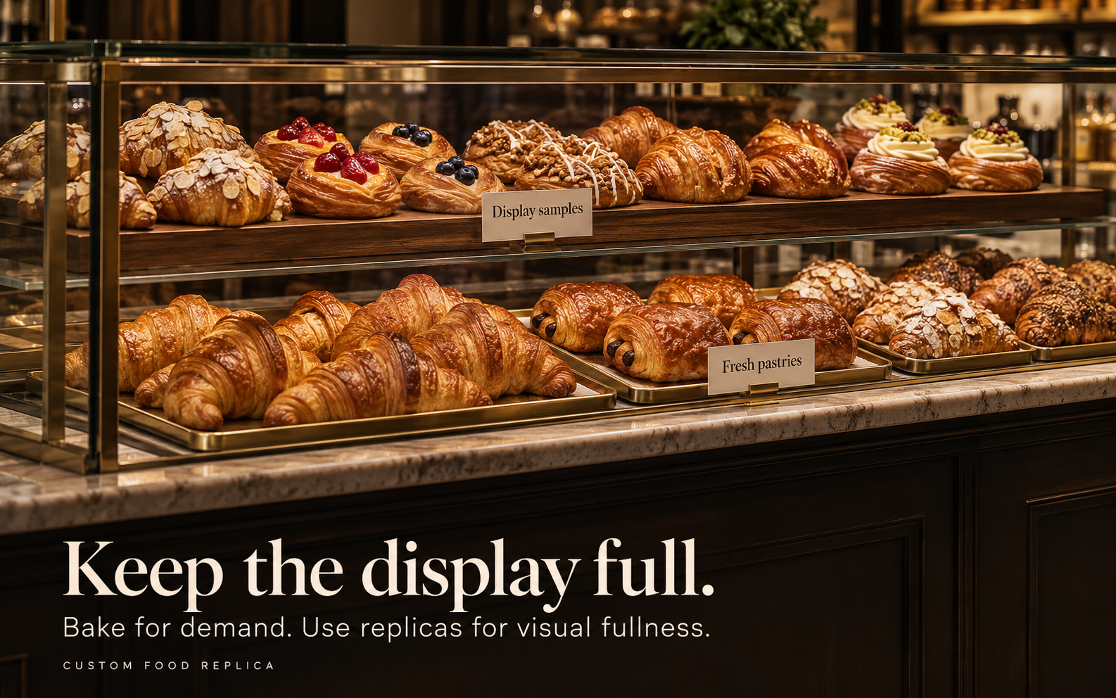Bakery glass case with a top shelf of labeled pastry display samples above a lower shelf of fresh croissants and pain au chocolat