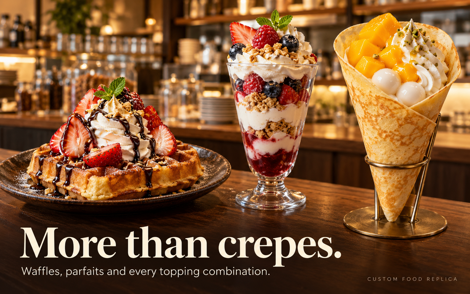 Handcrafted waffle, berry parfait, and mango crepe replicas on a wooden cafe counter