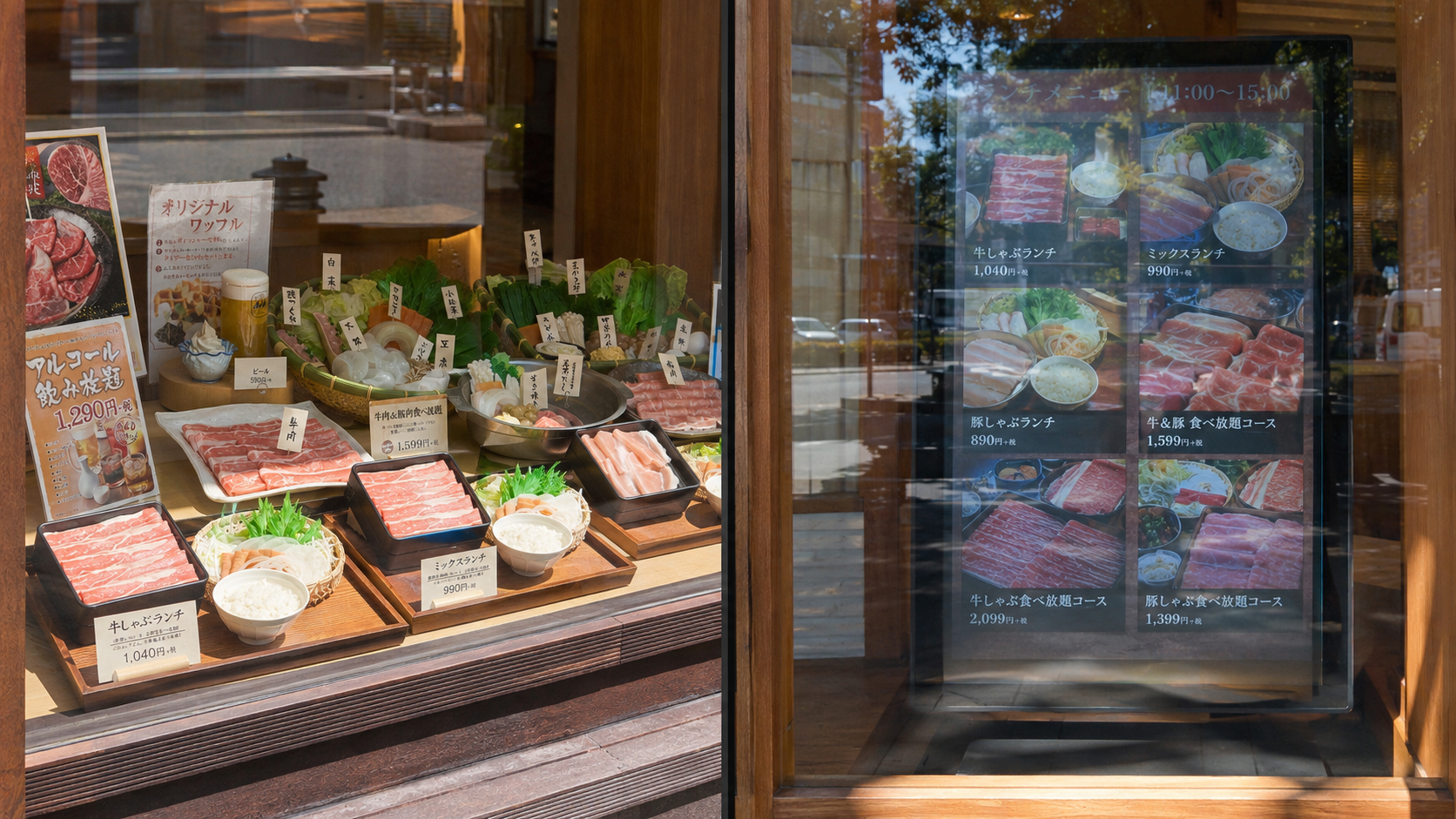 A restaurant window with hot pot food replicas next to a digital menu screen mounted beside it