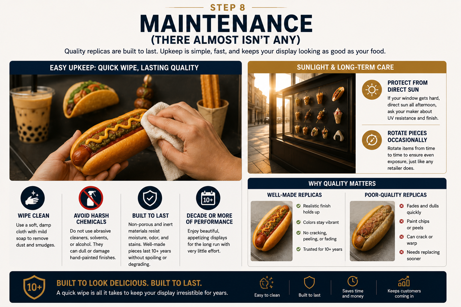 Step 8 infographic: wipe clean with mild soap, avoid harsh chemicals, built to last 10+ years, protect from direct sun and rotate pieces