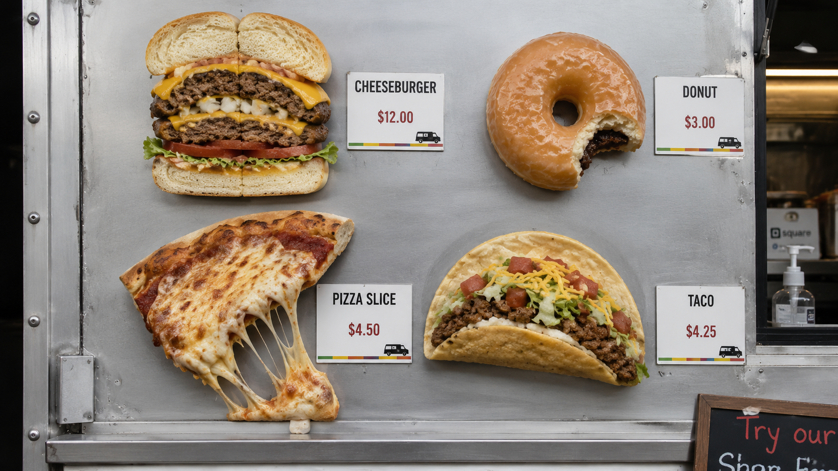 Close up of magnetic replica cheeseburger, donut, pizza slice and taco mounted directly on a stainless steel food truck panel