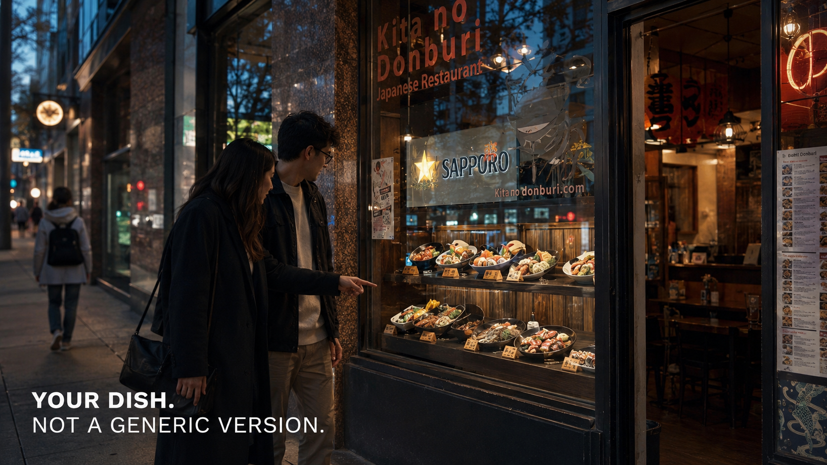 A couple pointing at donburi food replicas in the lit window of the Kita no Donburi Japanese restaurant at dusk