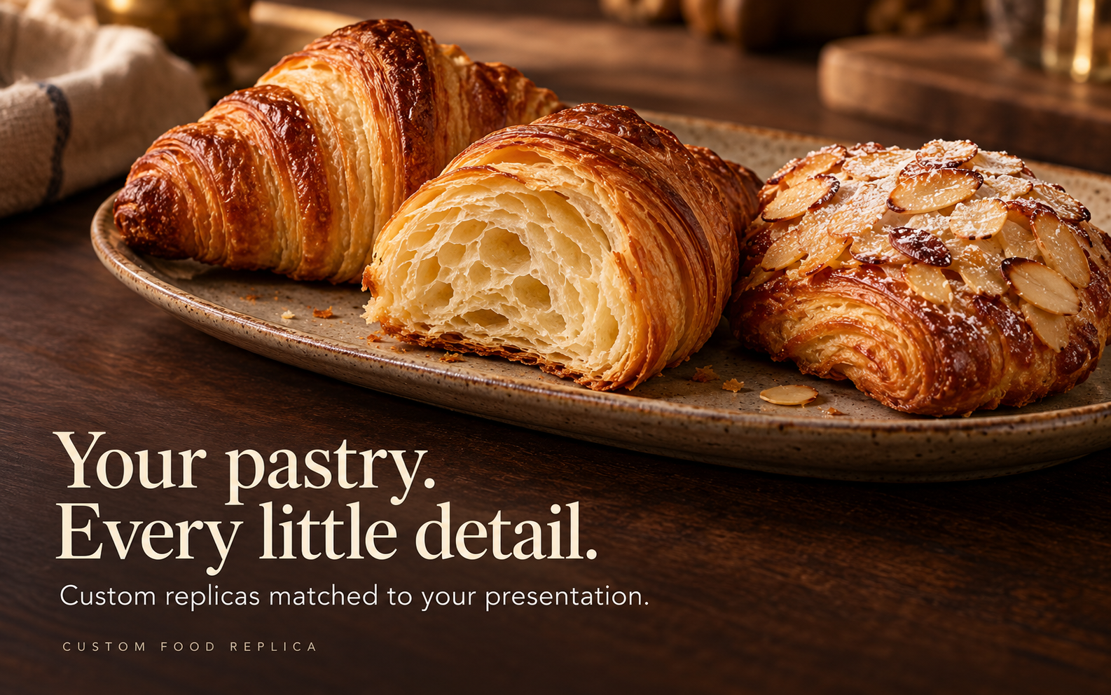Croissant, cut croissant showing laminated layers, and almond pastry replicas on a speckled ceramic plate