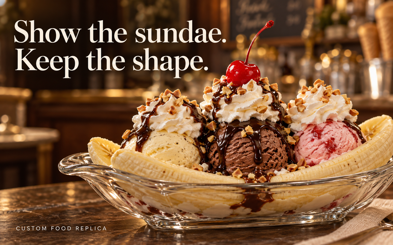 Banana split replica with vanilla, chocolate, and strawberry scoops, whipped cream, chocolate sauce, nuts, and a cherry in a glass dish