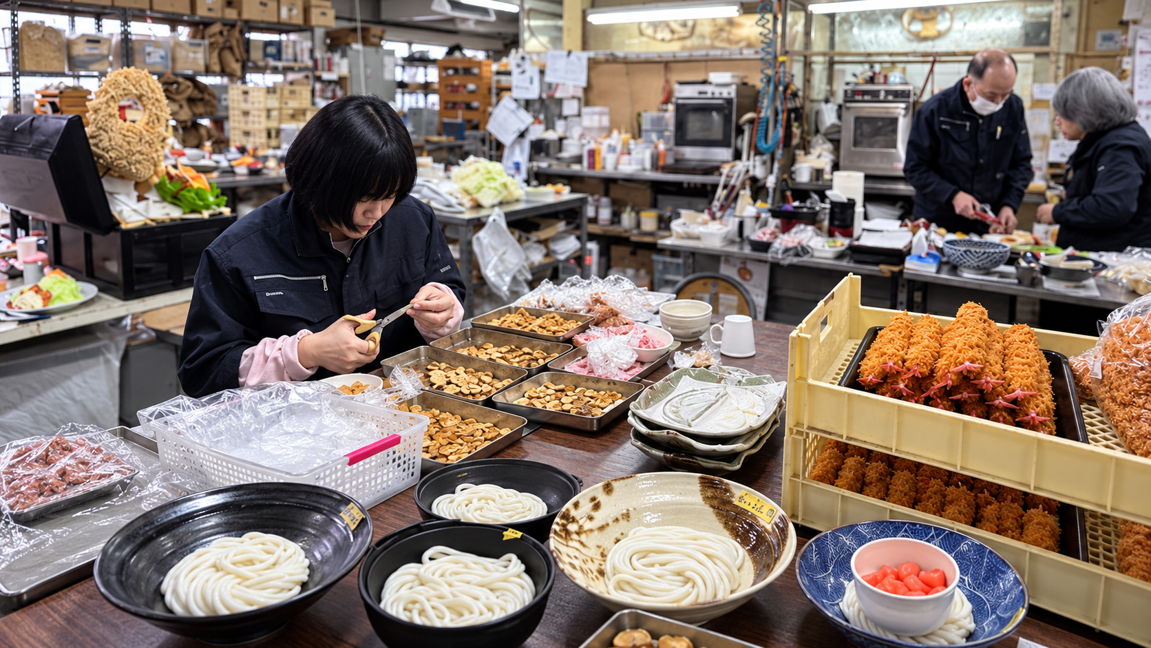Artisans in a Japanese food replica workshop hand-finishing noodles, tempura and set meal components