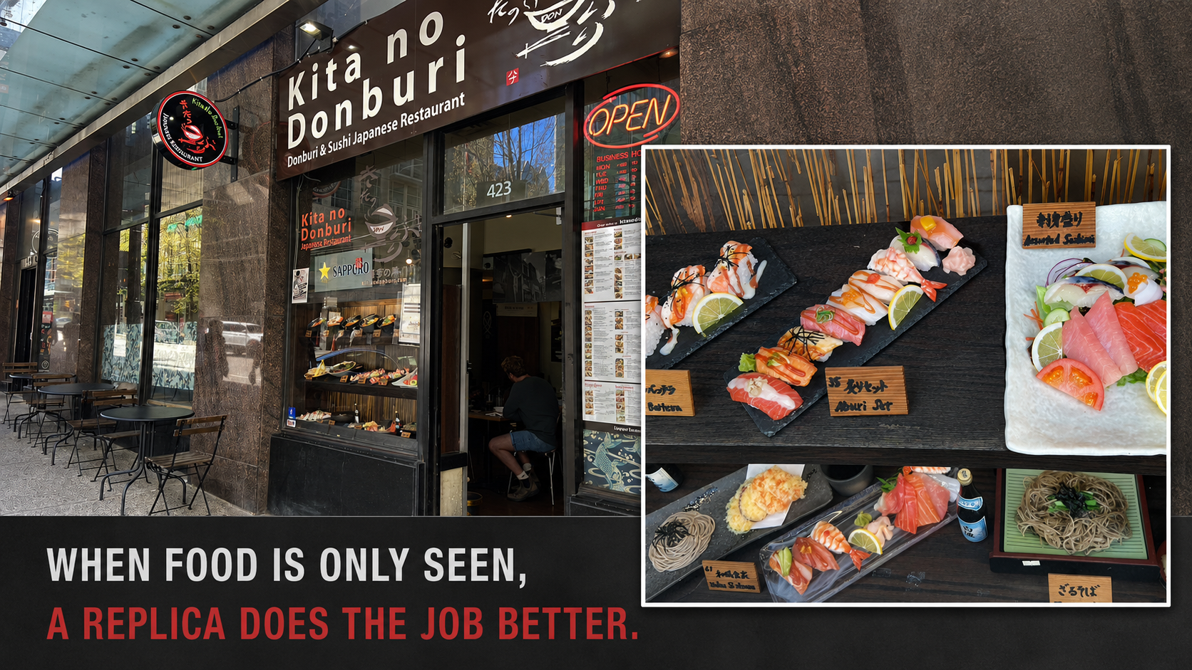 A restaurant storefront next to a close-up of realistic sushi food replicas in its window display