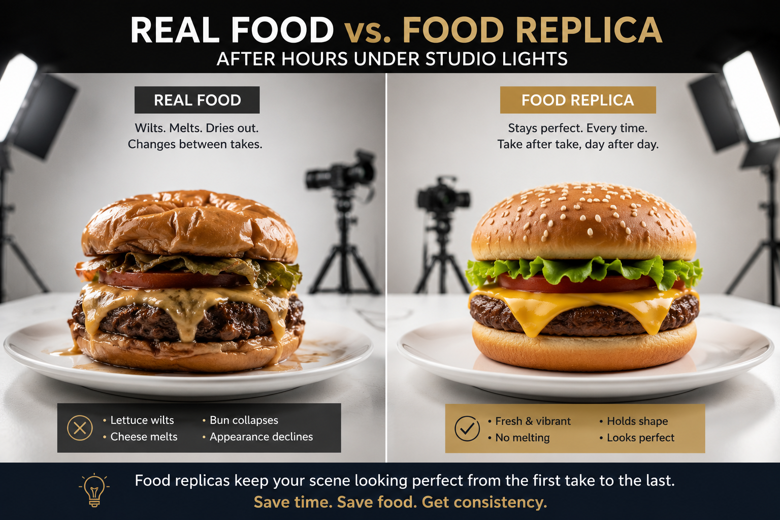 Side-by-side comparison of a real burger and a food replica burger after hours under studio lights — the real burger wilts, melts and collapses while the replica stays perfect
