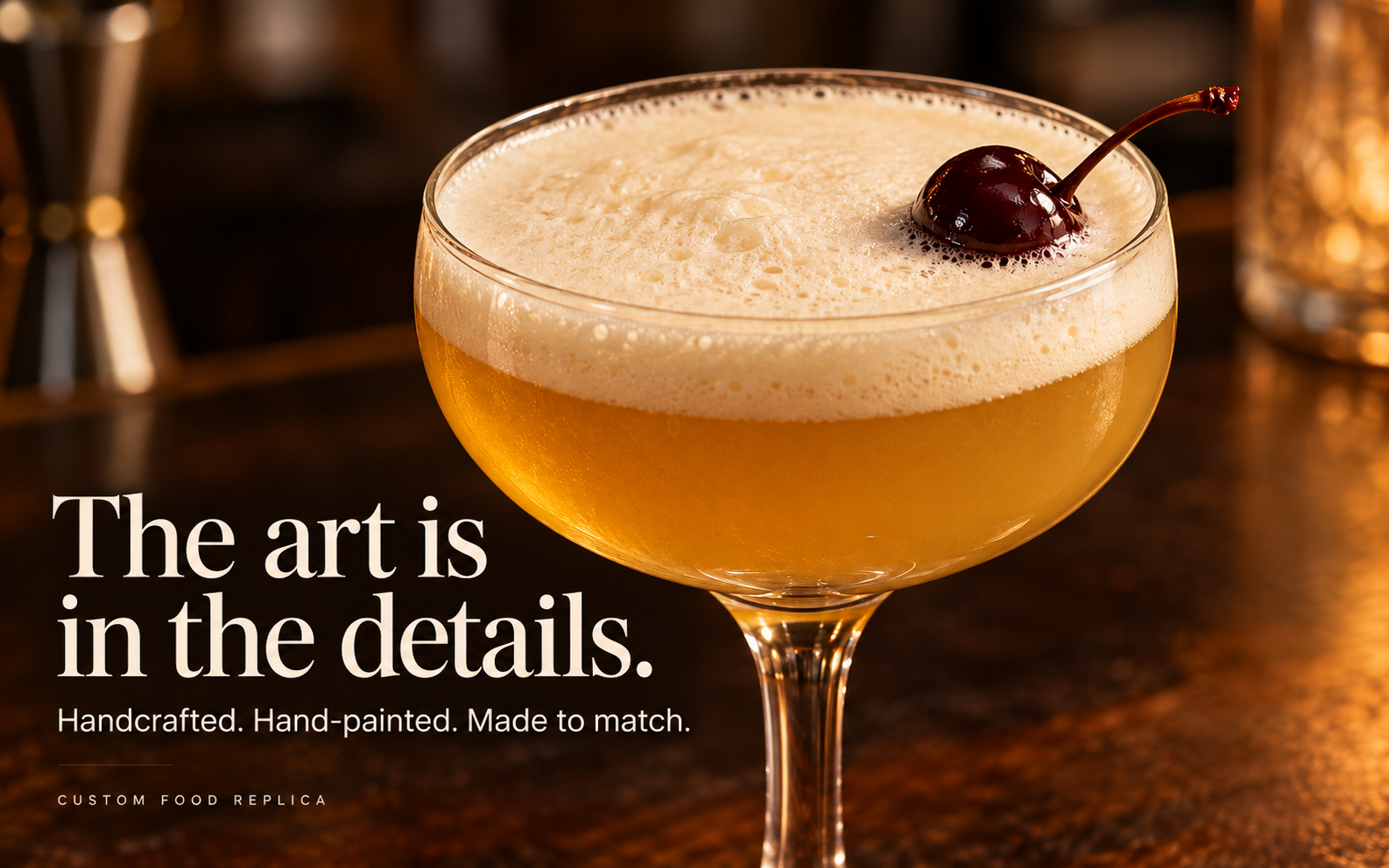Close view of a handcrafted whiskey sour replica with amber depth, detailed foam, and a cherry garnish