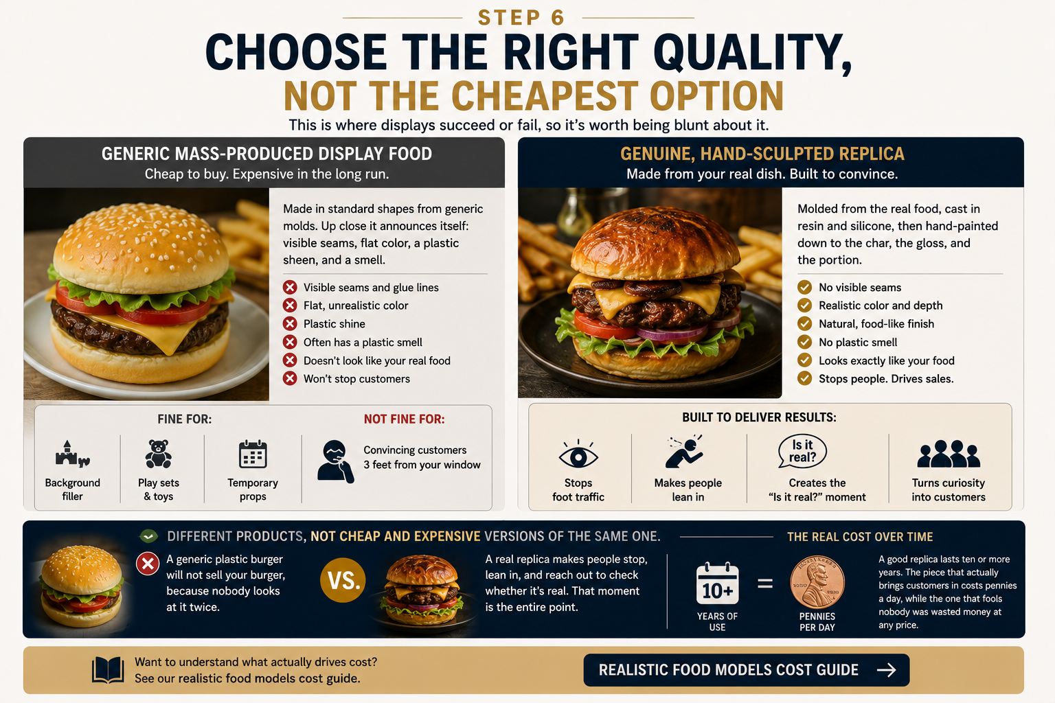 Step 6 infographic: generic mass-produced display food versus genuine hand-sculpted replica made from your real dish