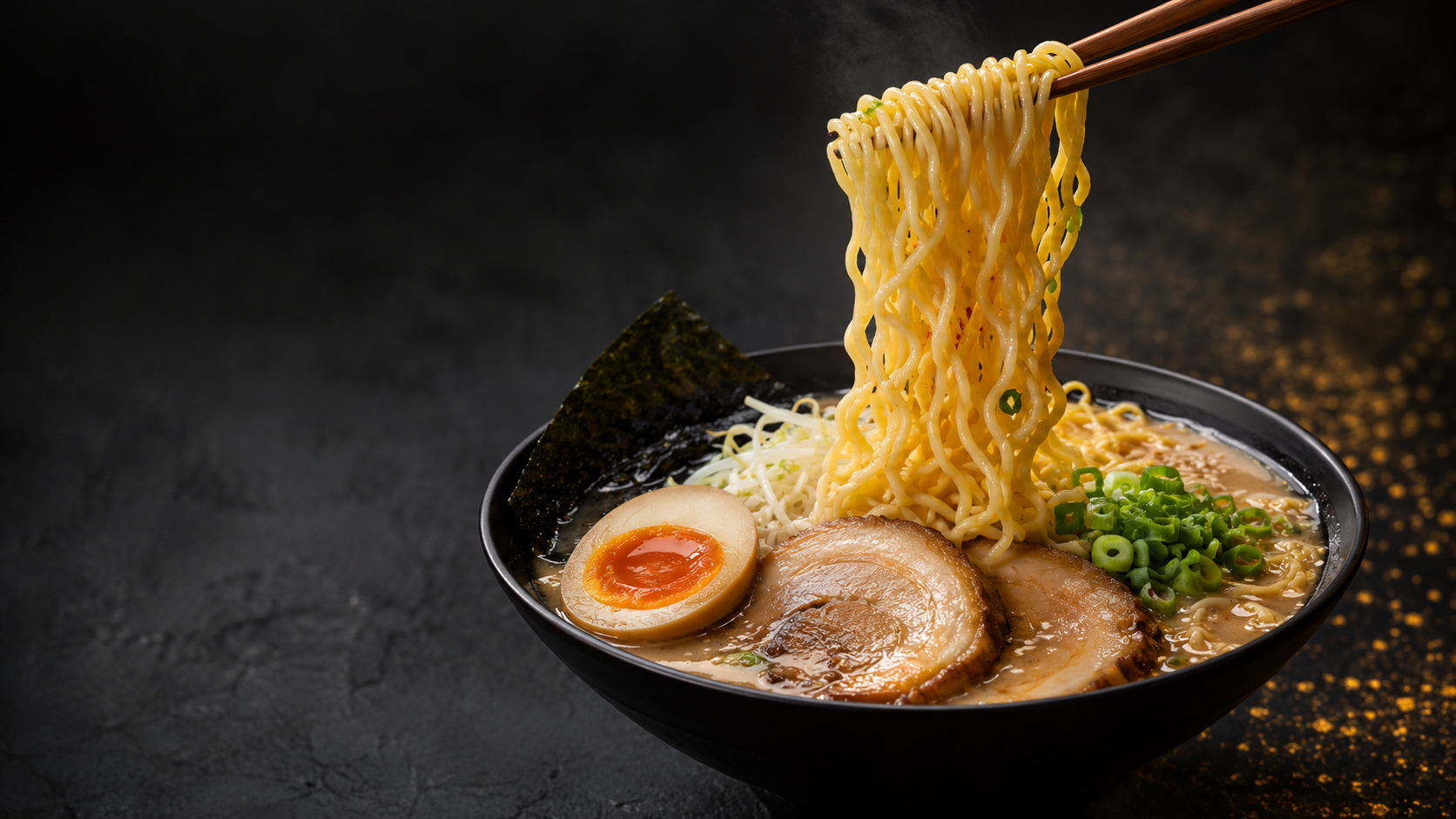 Hyperrealistic ramen food replica with chopsticks lifting noodles above the bowl — an effect impossible to hold with real food