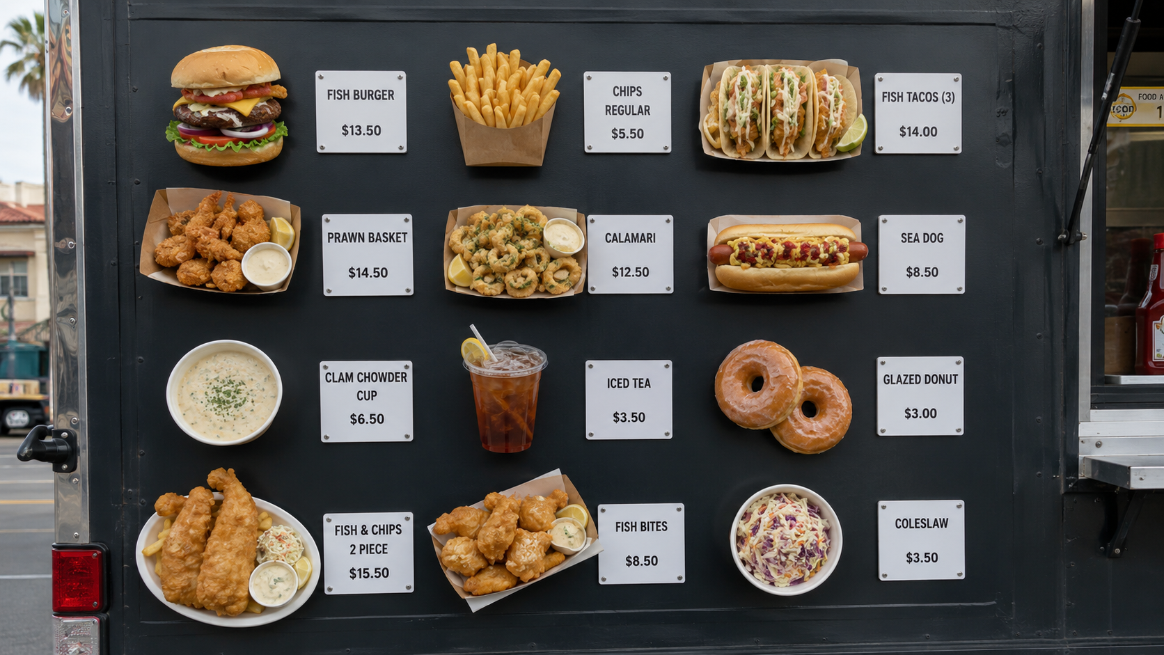 Food truck wall with magnetic replica samples and swappable price cards for fish burger, prawn basket, calamari and more