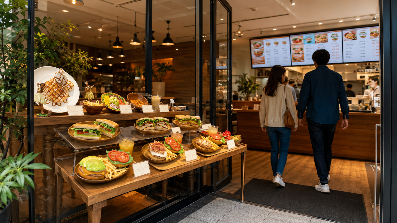 A cafe entrance display table of food replicas with indoor digital menu screens visible behind it