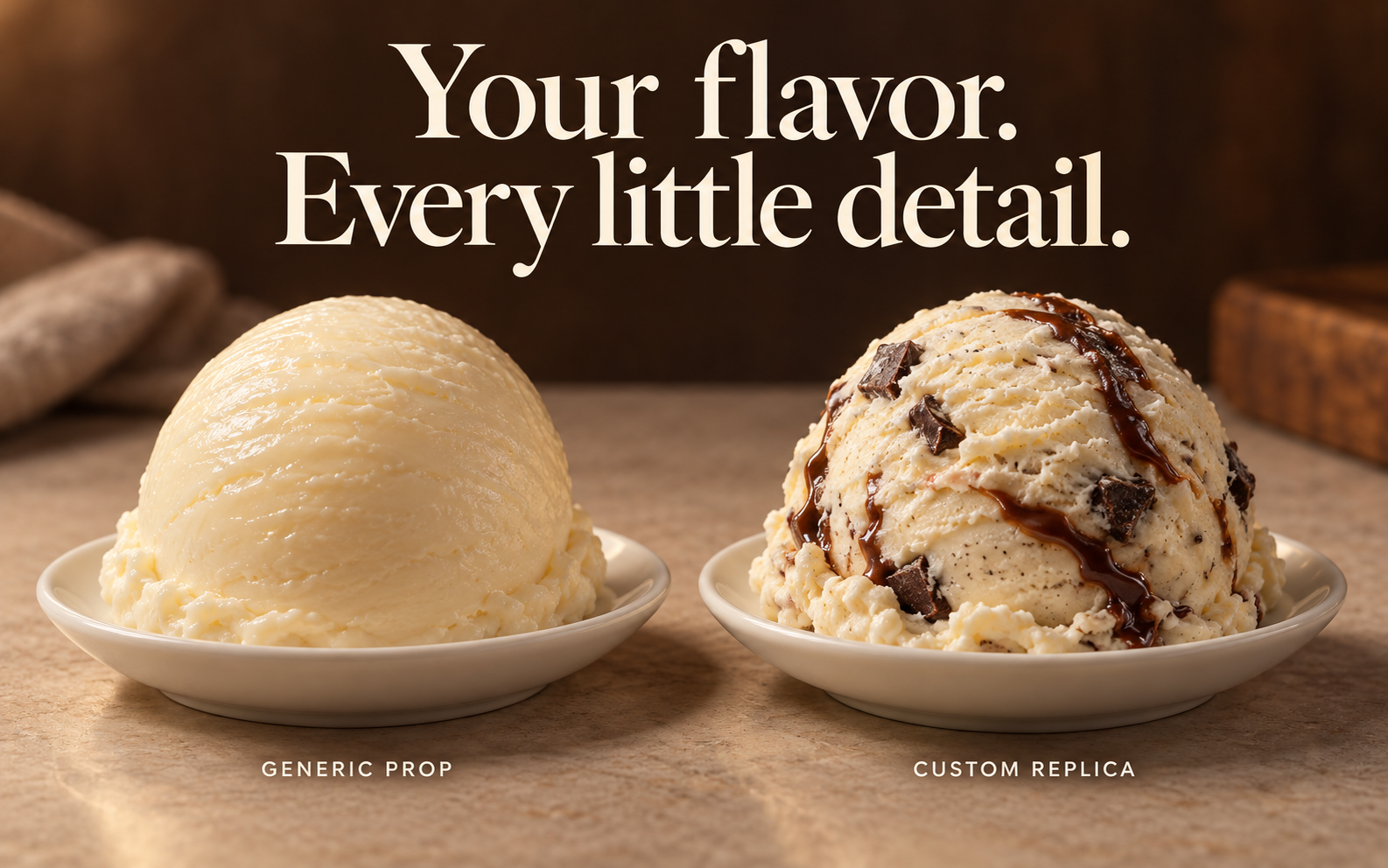 Generic smooth ice cream prop beside a detailed custom replica with chocolate pieces and a fudge ribbon