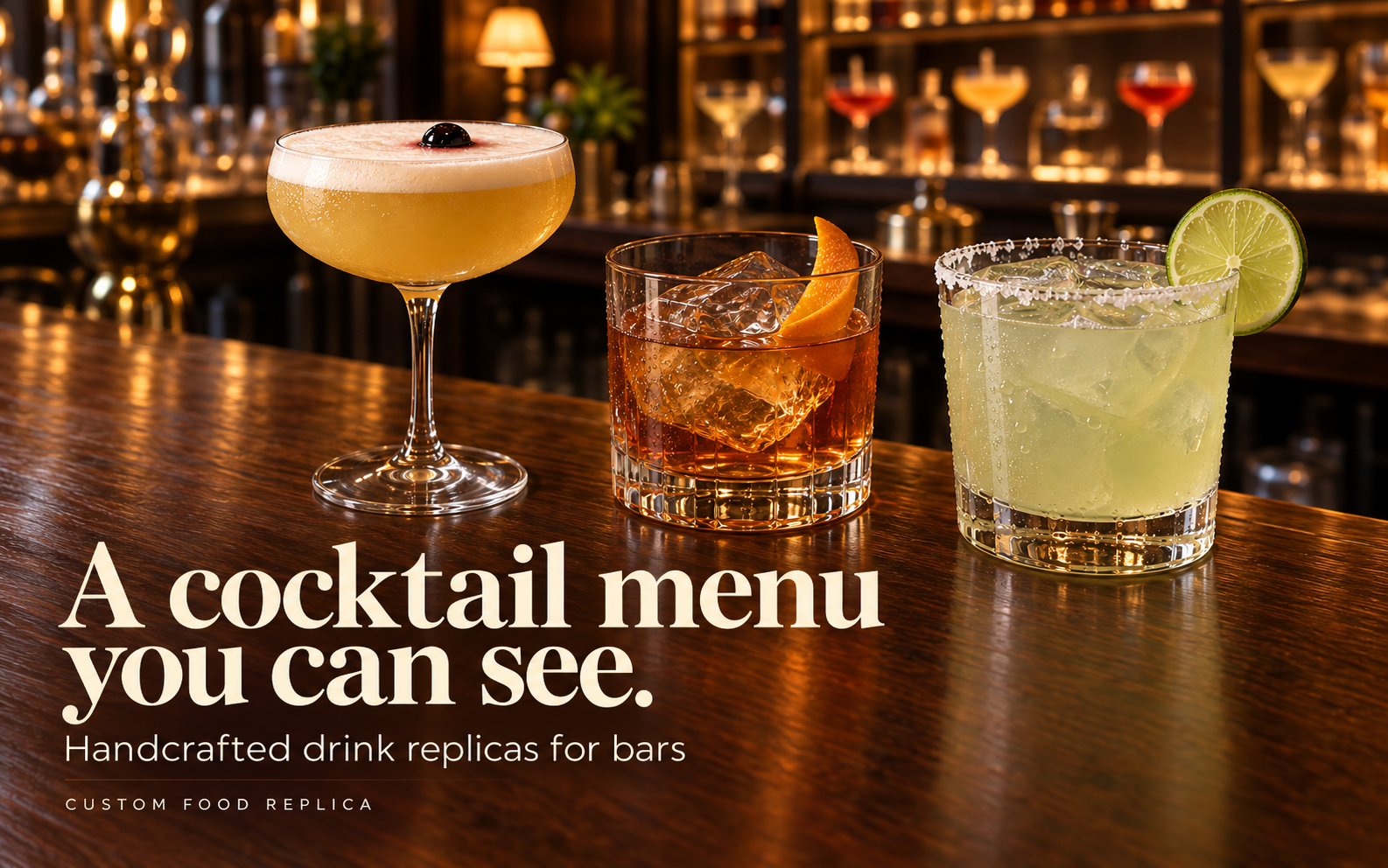 Three handcrafted cocktail replicas on a polished bar beneath the words A cocktail menu you can see