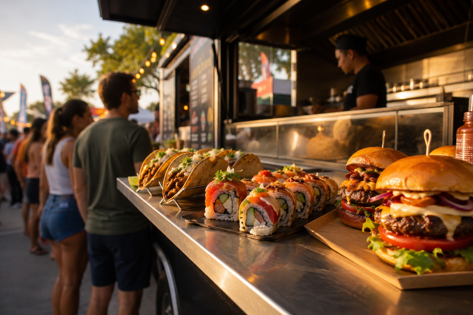 Food truck counter at a busy outdoor festival lined with hyperrealistic food replica displays