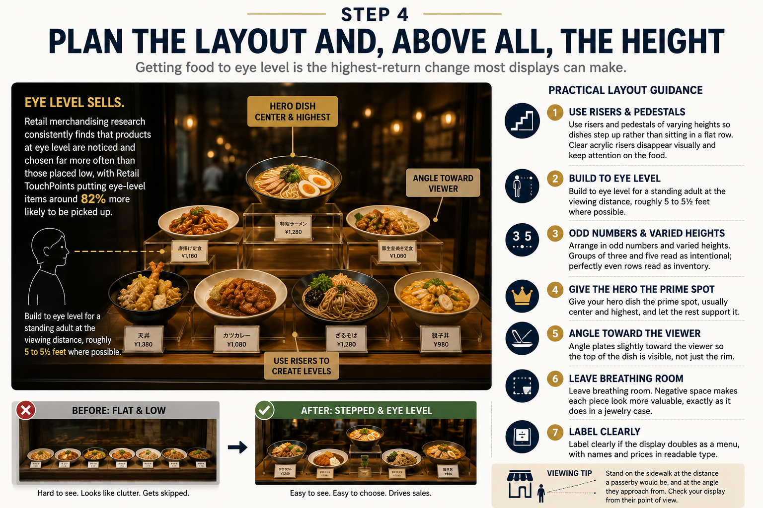 Step 4 infographic: use risers, build to eye level, odd numbers and varied heights, give the hero dish the prime spot